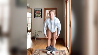 Pants down and thick opened.